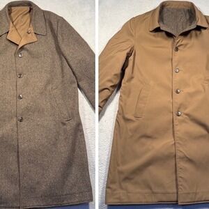 True Vintage Fox Knapp Reversible Trench Overcoat Herringbone Wool Tweed 42R 60s